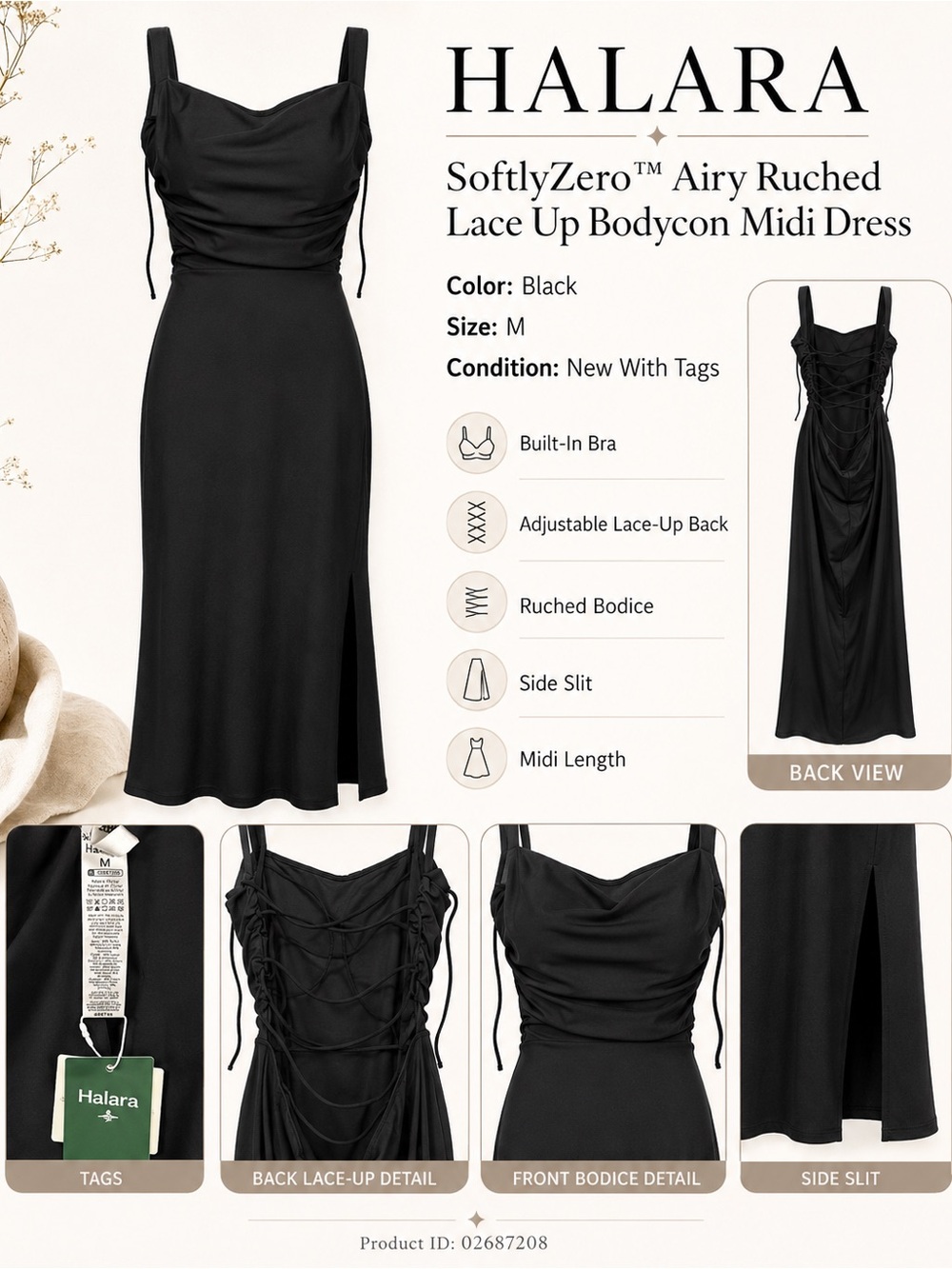 HALARA Black Airy Ruched Lace-Up Bodycon Midi Dress